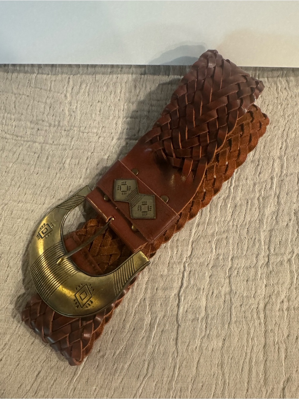 Cabi Woven Leather Belt Size M Brown Wide Boho Western Statement Buckle Belt